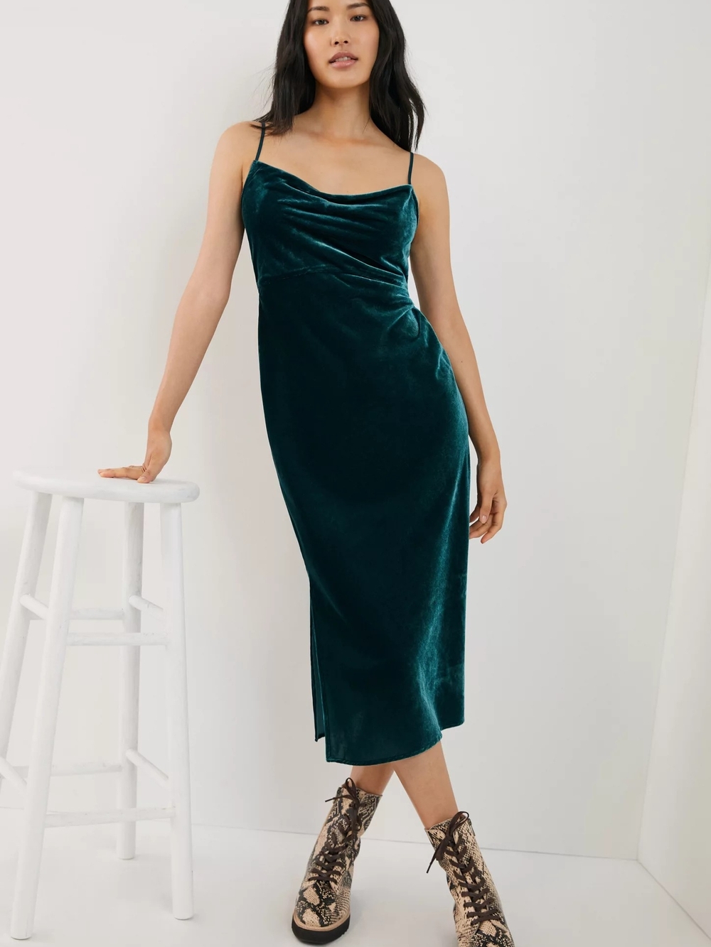Anthropologie Velvet Slip Midi Dress in Dark Green